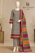 Bin Saeed Ivory & Burgundy Cotton Cambric Unstitched 3PC