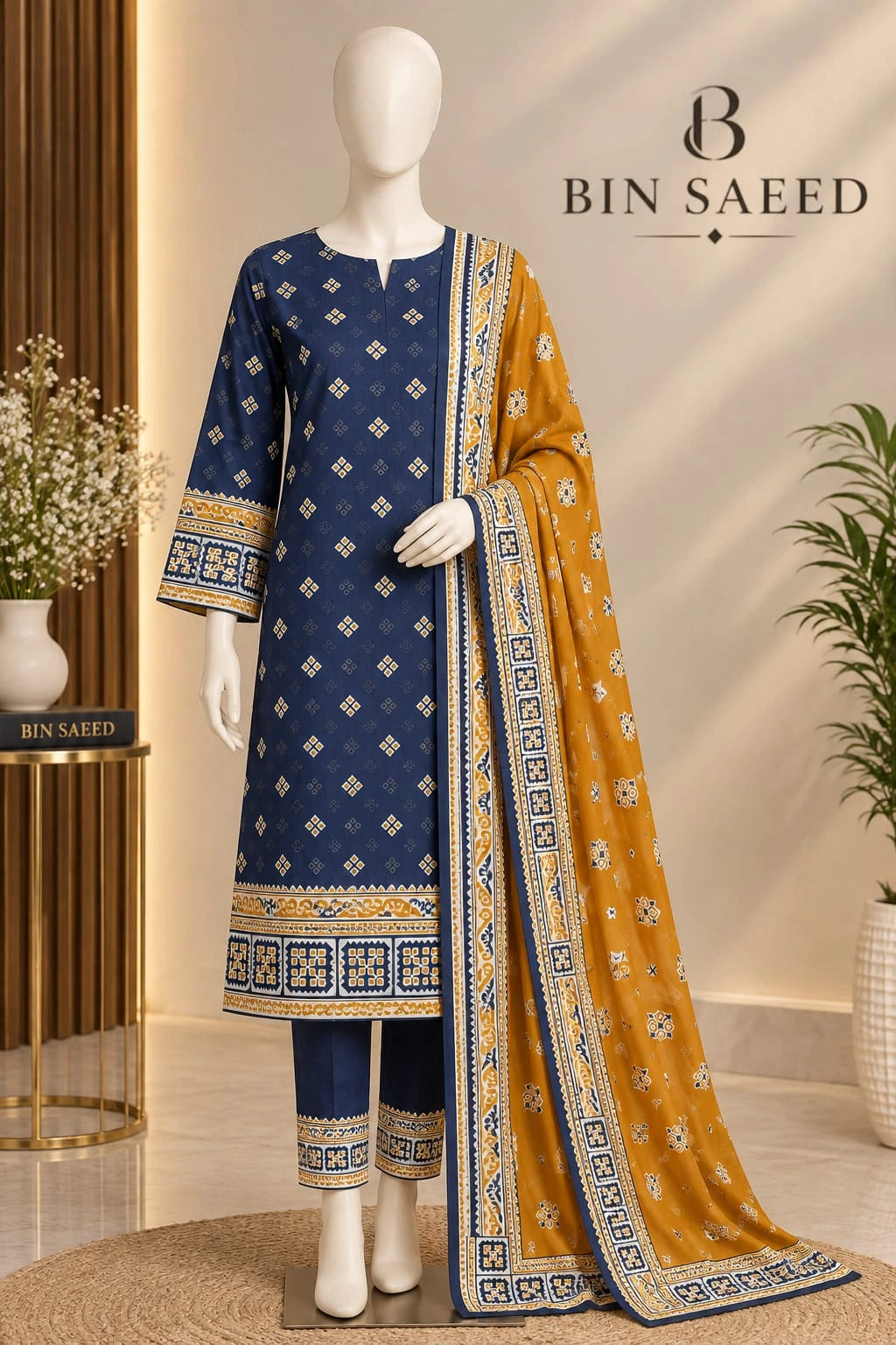 Bin Saeed Navy Blue & Mustard  Cotton Cambric Unstitched  3PC