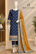 Bin Saeed Navy Blue & Mustard  Cotton Cambric Unstitched  3PC