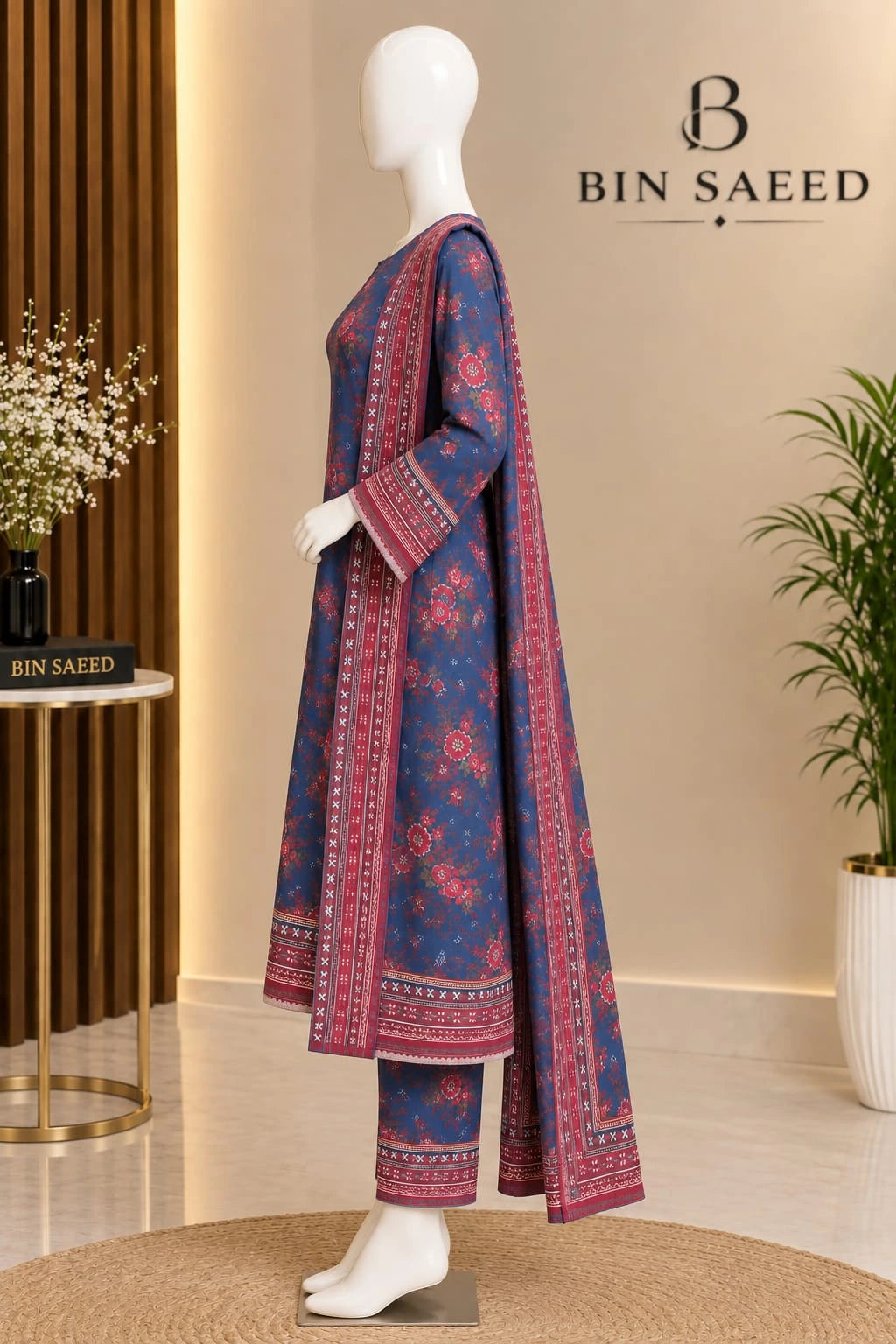 Bin Saeed Blue Floral Cotton Cambric Unstitched 3PC
