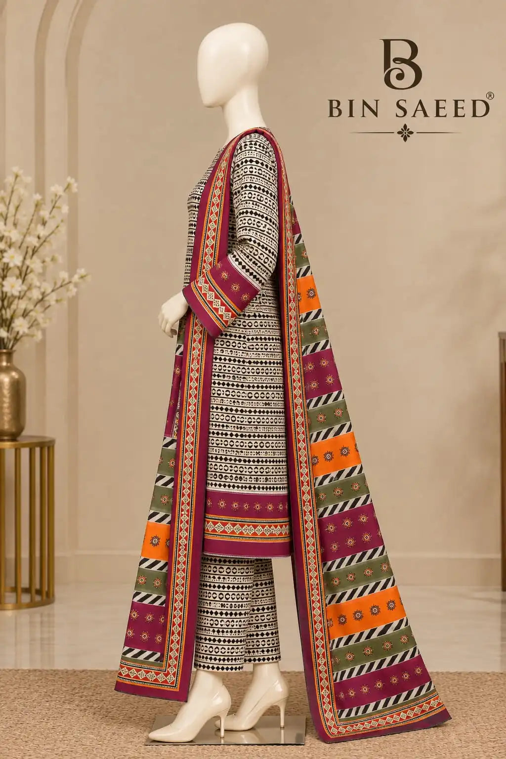 Bin Saeed Ivory & Burgundy Cotton Cambric Unstitched 3PC