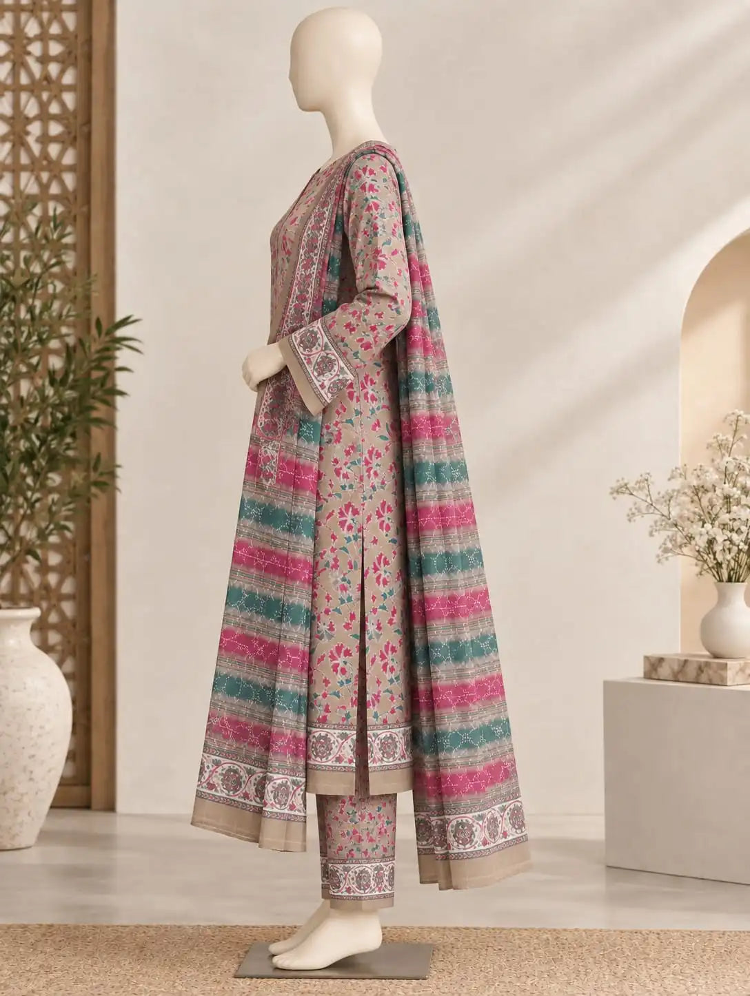Bin Saeed Beige Floral  Cotton Cambric Unstitched  3PC