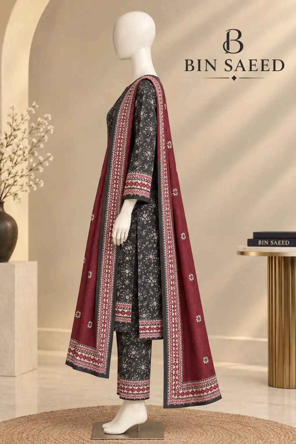 Bin Saeed Charcoal & Maroon Cotton Cambric Unstitched  3PC