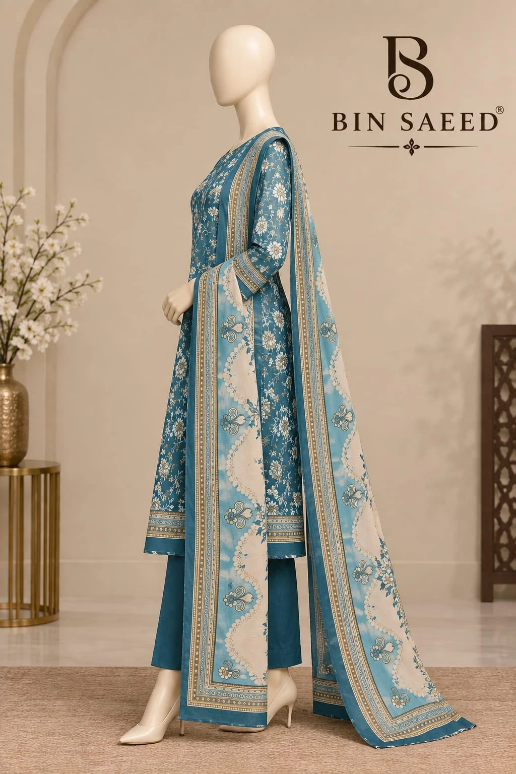 Bin Saeed Teal Blue & Ivory Cotton Cambric Unstitched 3PC