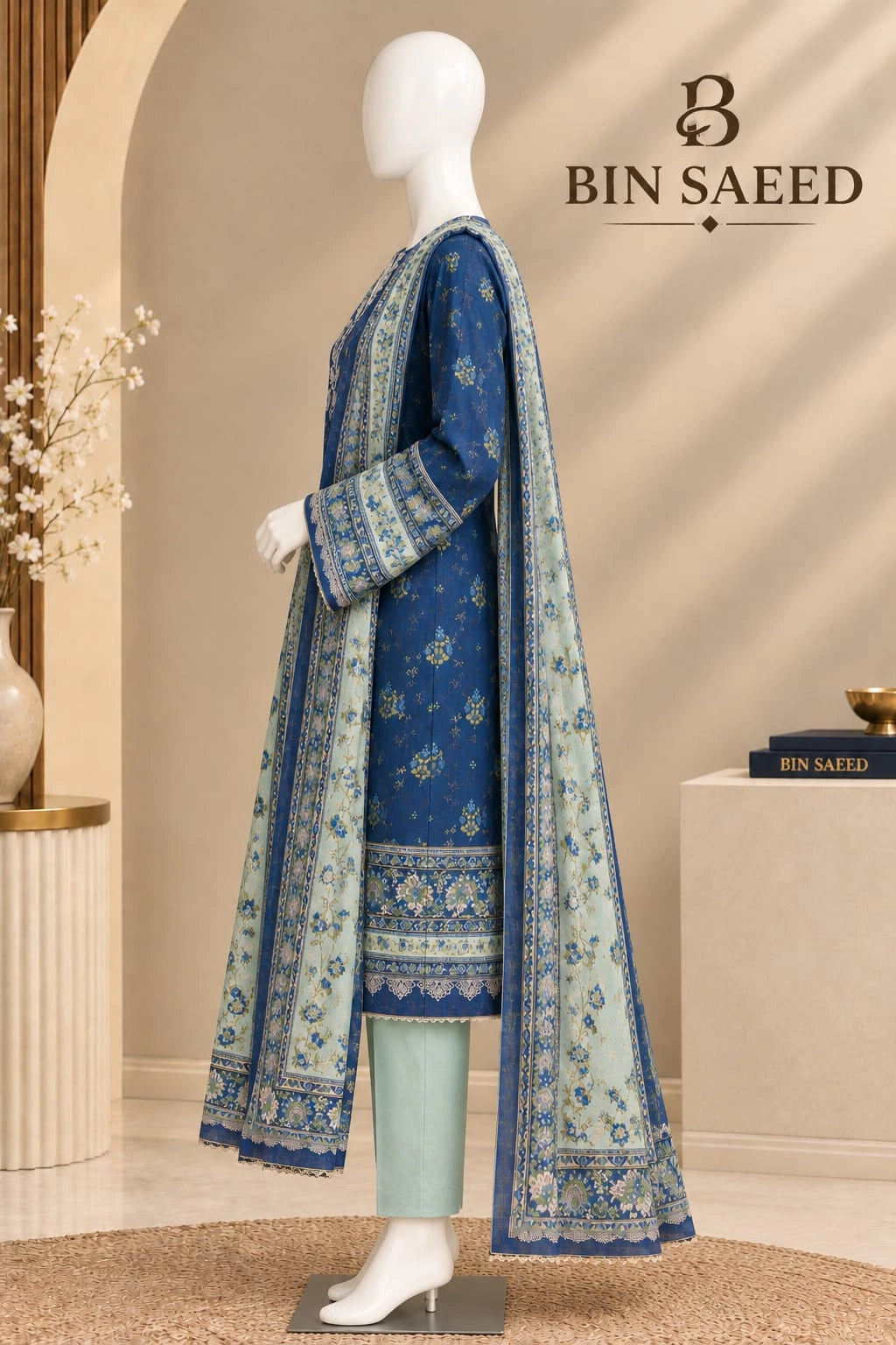Bin Saeed Royal Blue & Mint Cotton Cambric Unstitched  3PC