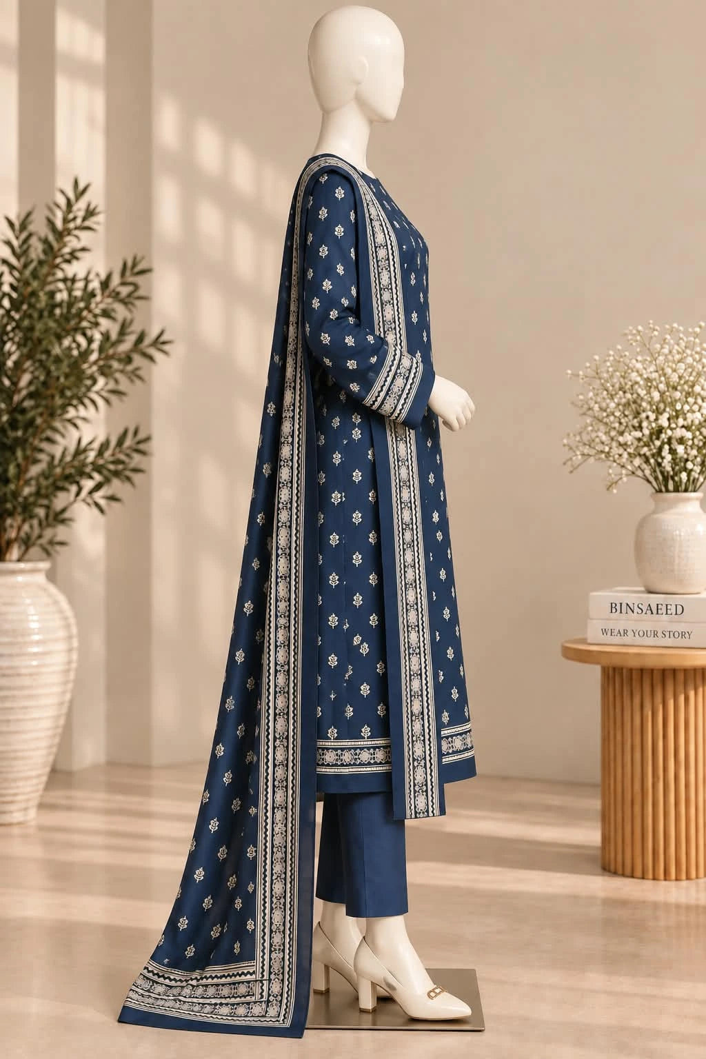 Bin Saeed Navy Blue & Ivory Cotton Cambric Unstitched 3PC