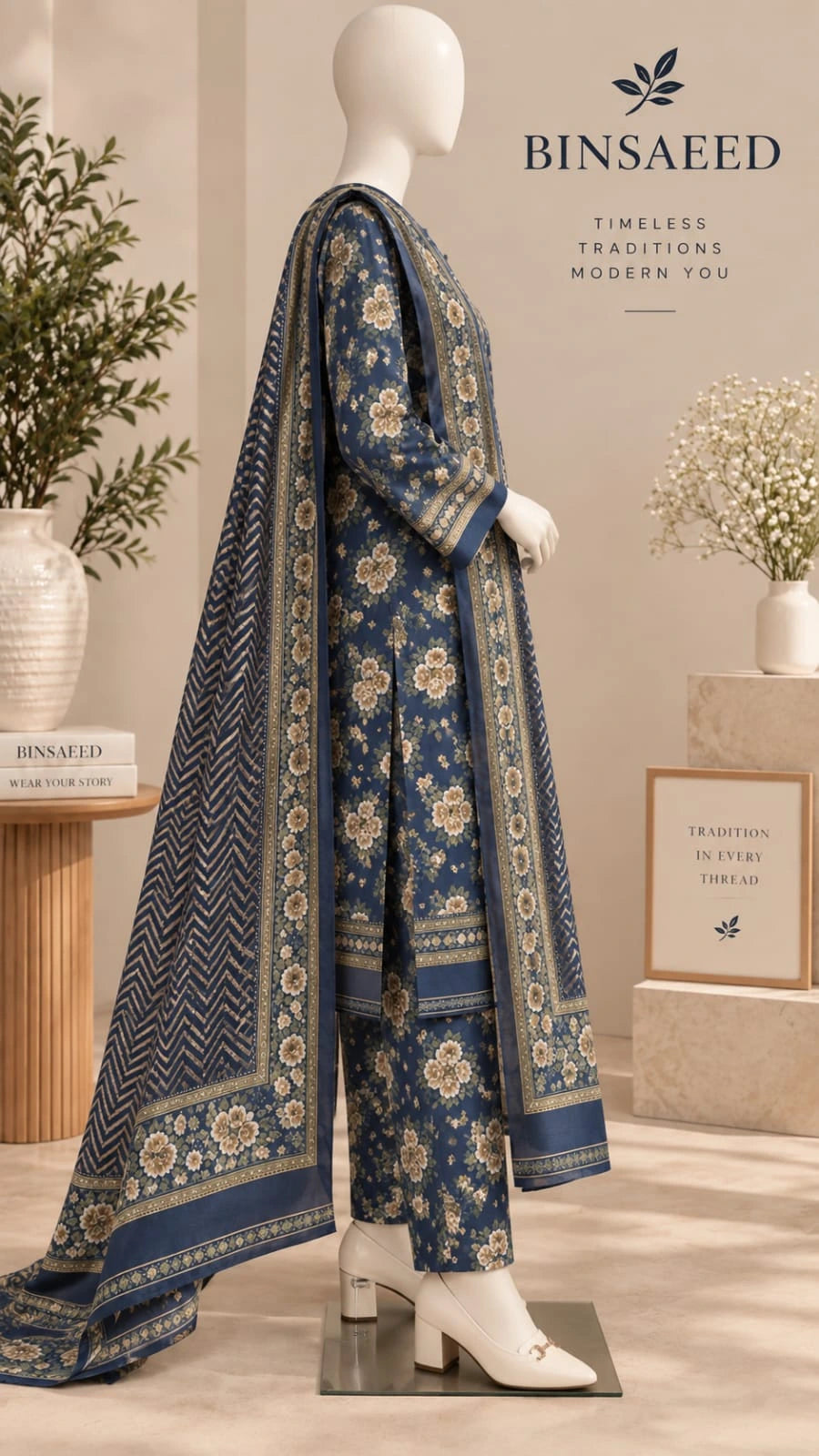 Bin Saeed Denim Blue & Beige Cotton Cambric Unstitched 3PC