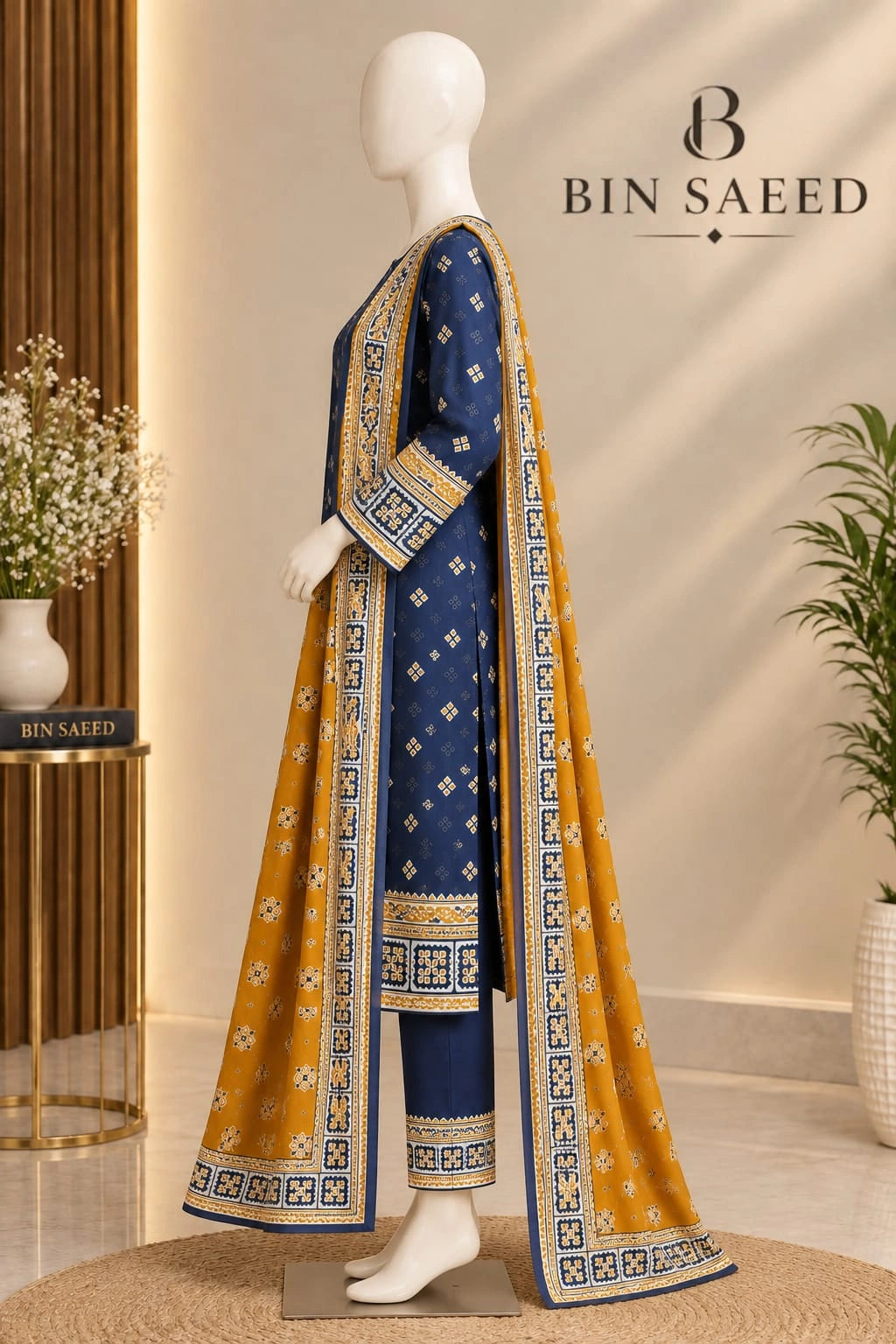 Bin Saeed Navy Blue & Mustard  Cotton Cambric Unstitched  3PC