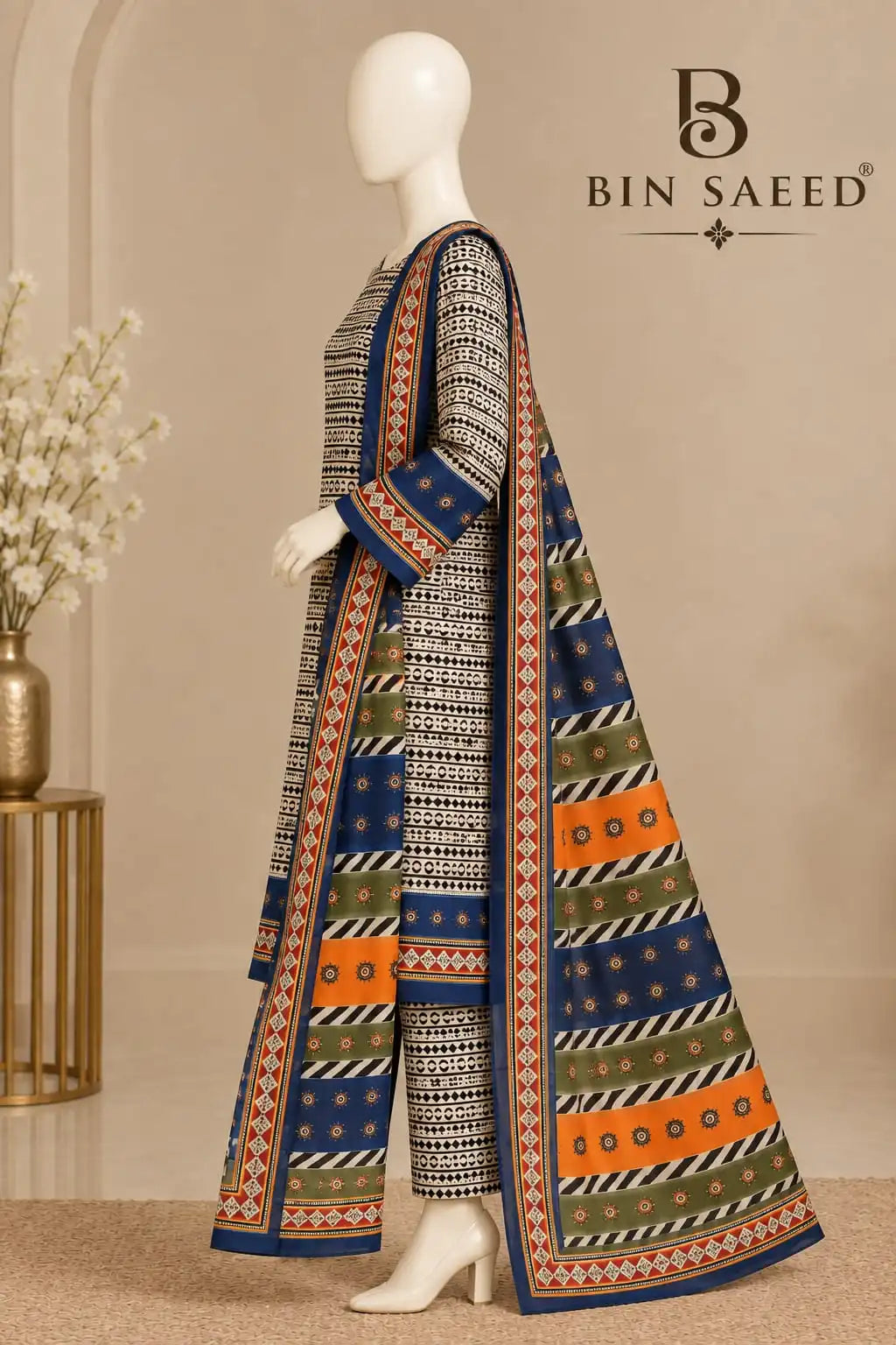 Bin Saeed Ivory & Royal Blue Cotton Cambric Unstitched 3PC