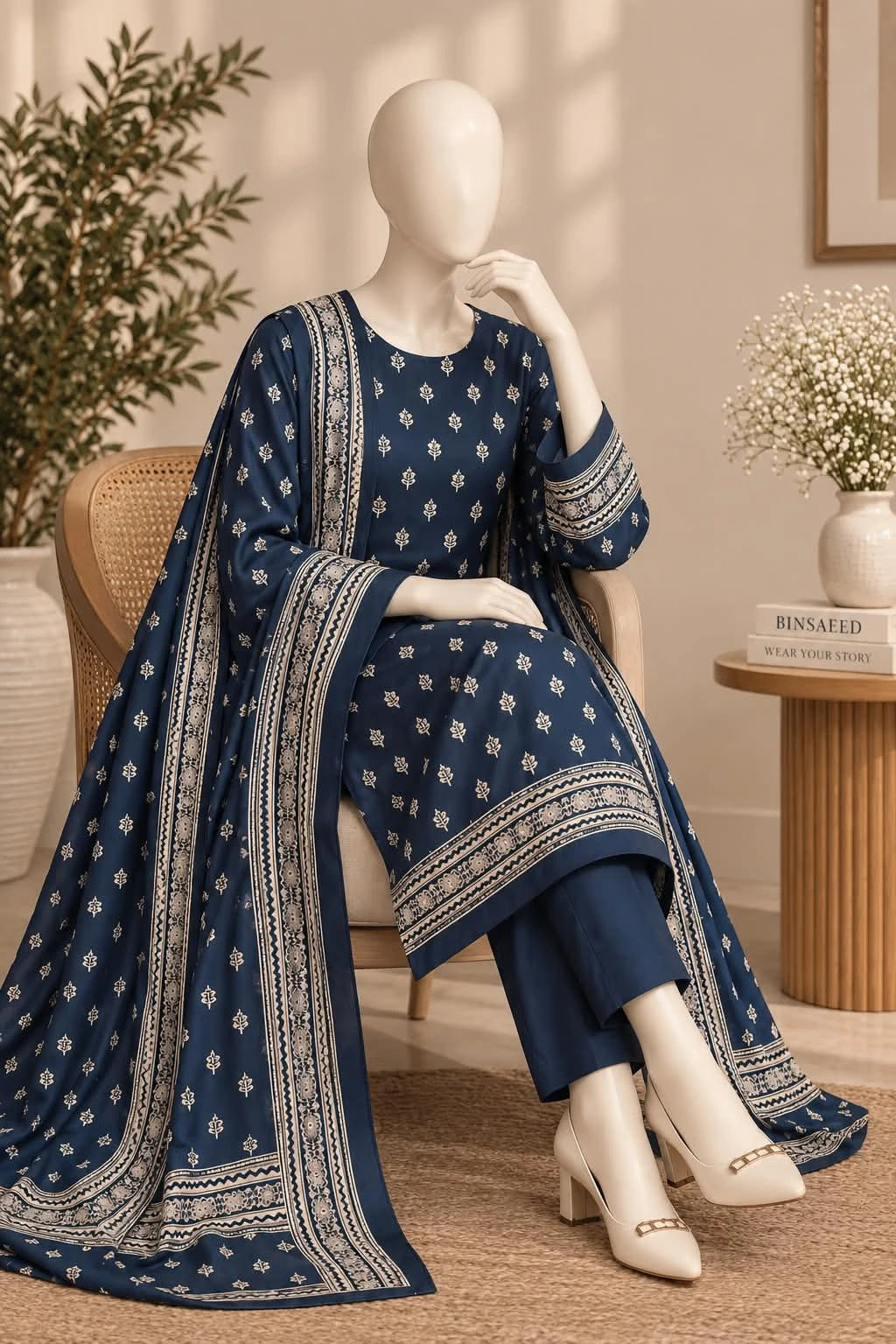 Bin Saeed Navy Blue & Ivory Cotton Cambric Unstitched 3PC