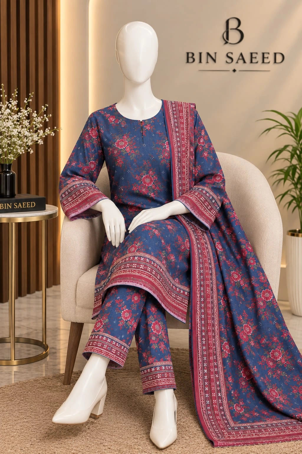 Bin Saeed Blue Floral Cotton Cambric Unstitched 3PC