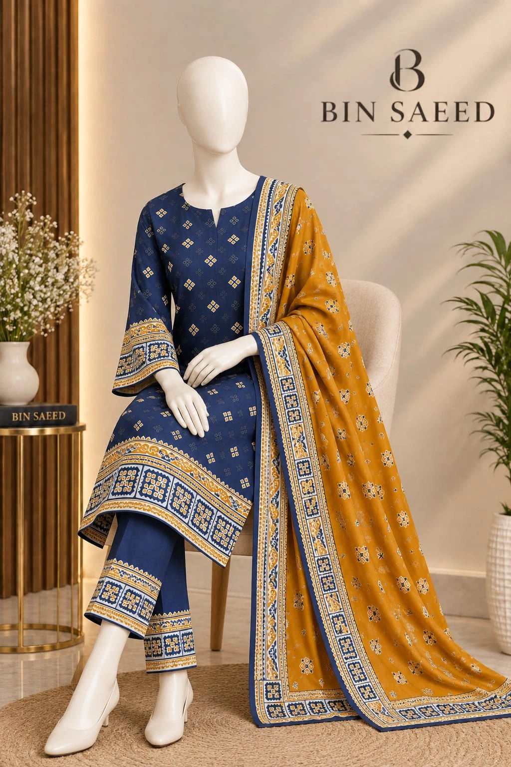 Bin Saeed Navy Blue & Mustard  Cotton Cambric Unstitched  3PC