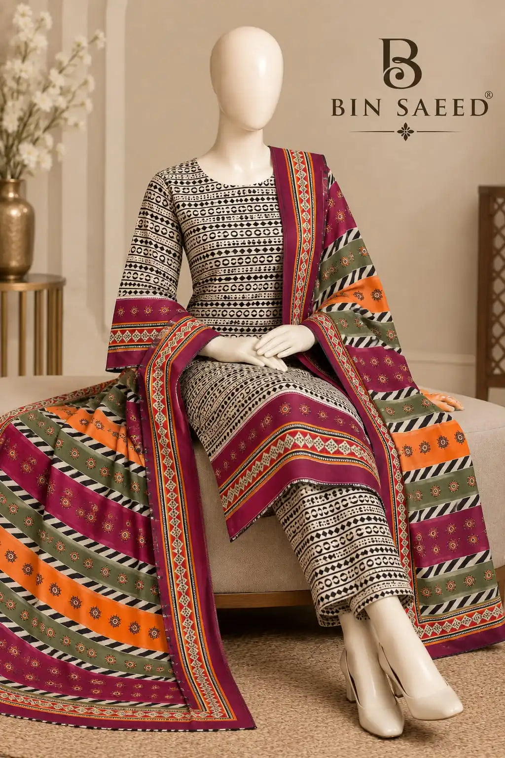 Bin Saeed Ivory & Burgundy Cotton Cambric Unstitched 3PC