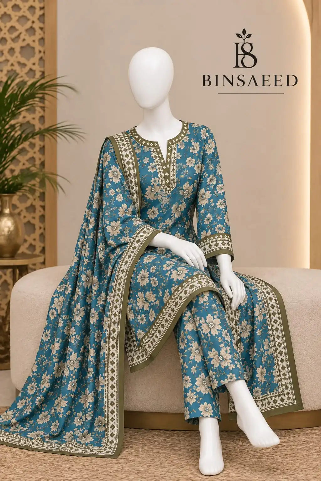 Bin Saeed Royal Blue & Mint Cotton Cambric Unstitched 3PC