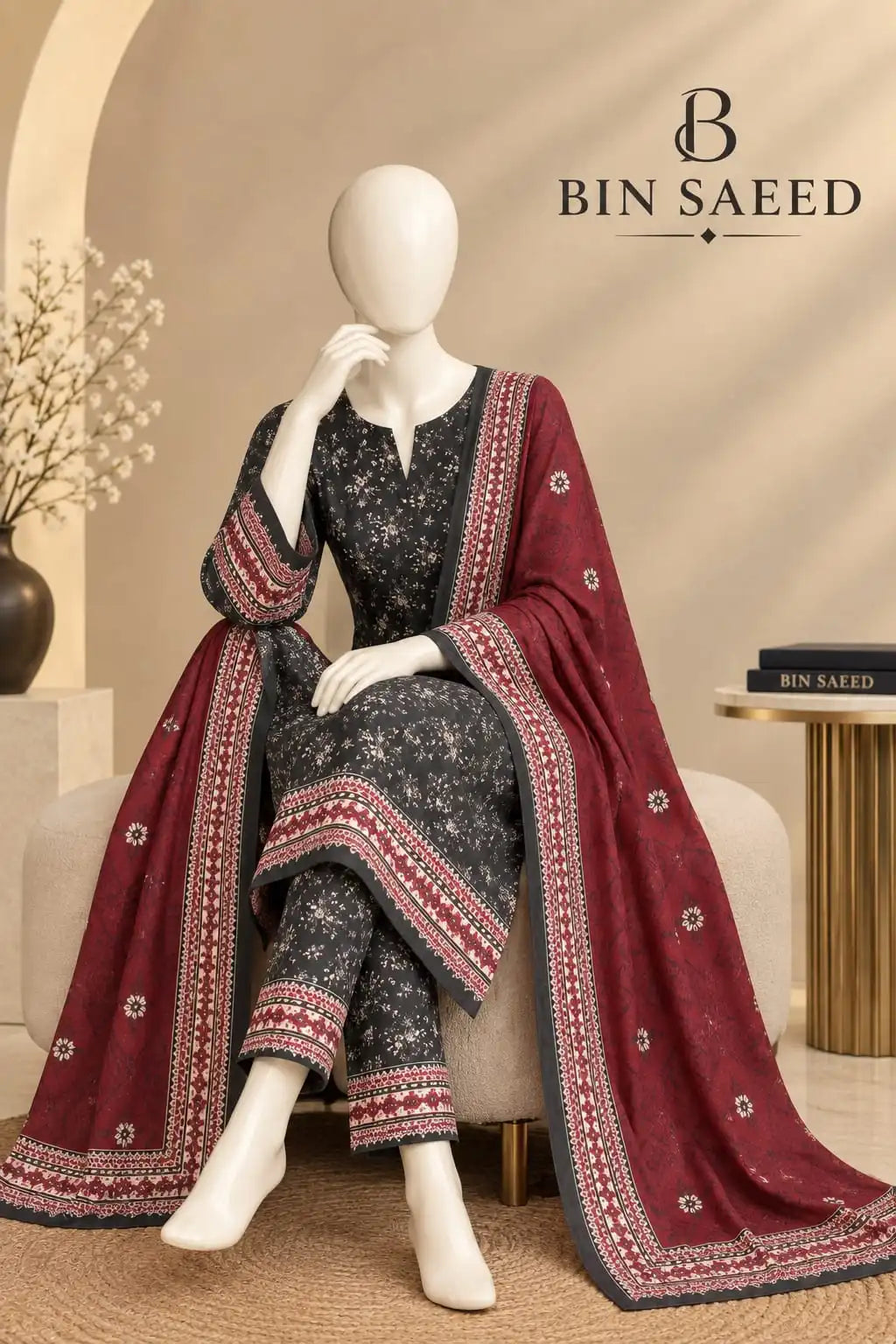 Bin Saeed Charcoal & Maroon Cotton Cambric Unstitched  3PC