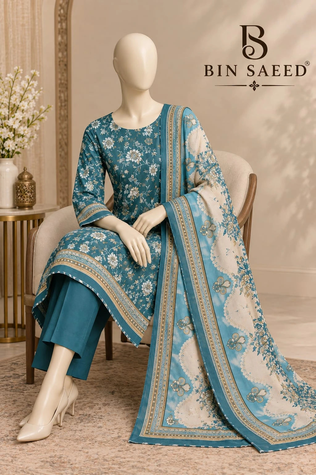 Bin Saeed Teal Blue & Ivory Cotton Cambric Unstitched 3PC