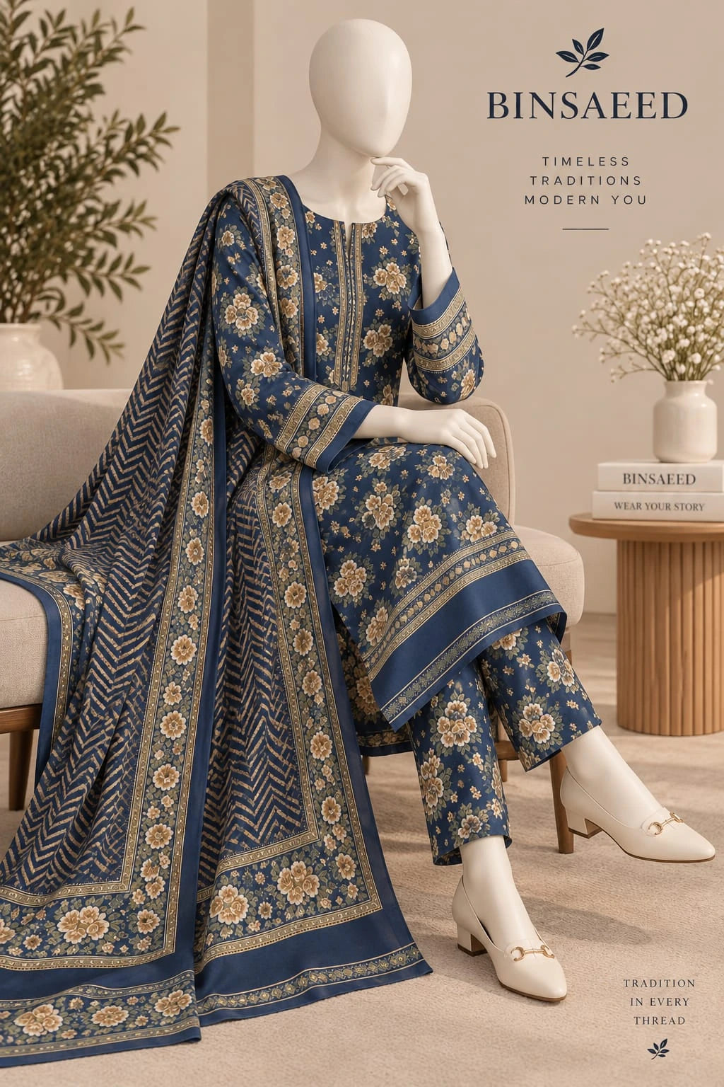 Bin Saeed Denim Blue & Beige Cotton Cambric Unstitched 3PC