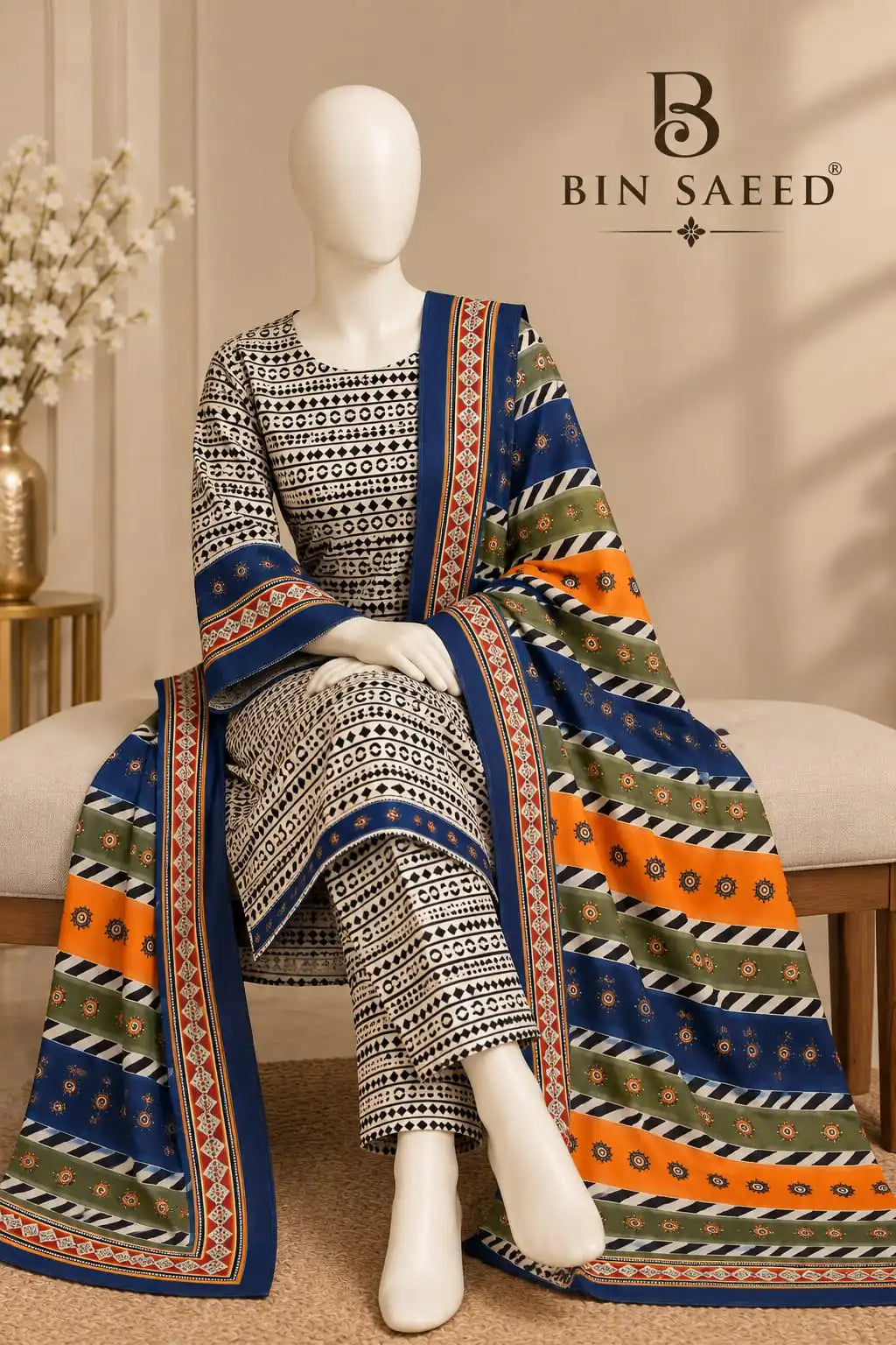 Bin Saeed Ivory & Royal Blue Cotton Cambric Unstitched 3PC