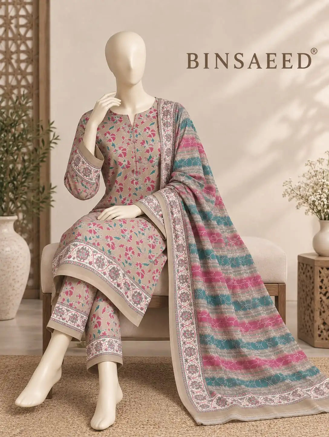 Bin Saeed Beige Floral  Cotton Cambric Unstitched  3PC