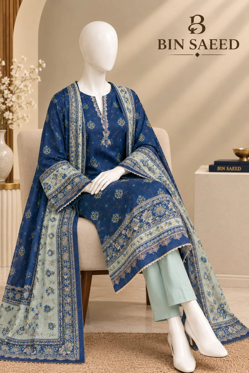 Bin Saeed Royal Blue & Mint Cotton Cambric Unstitched  3PC
