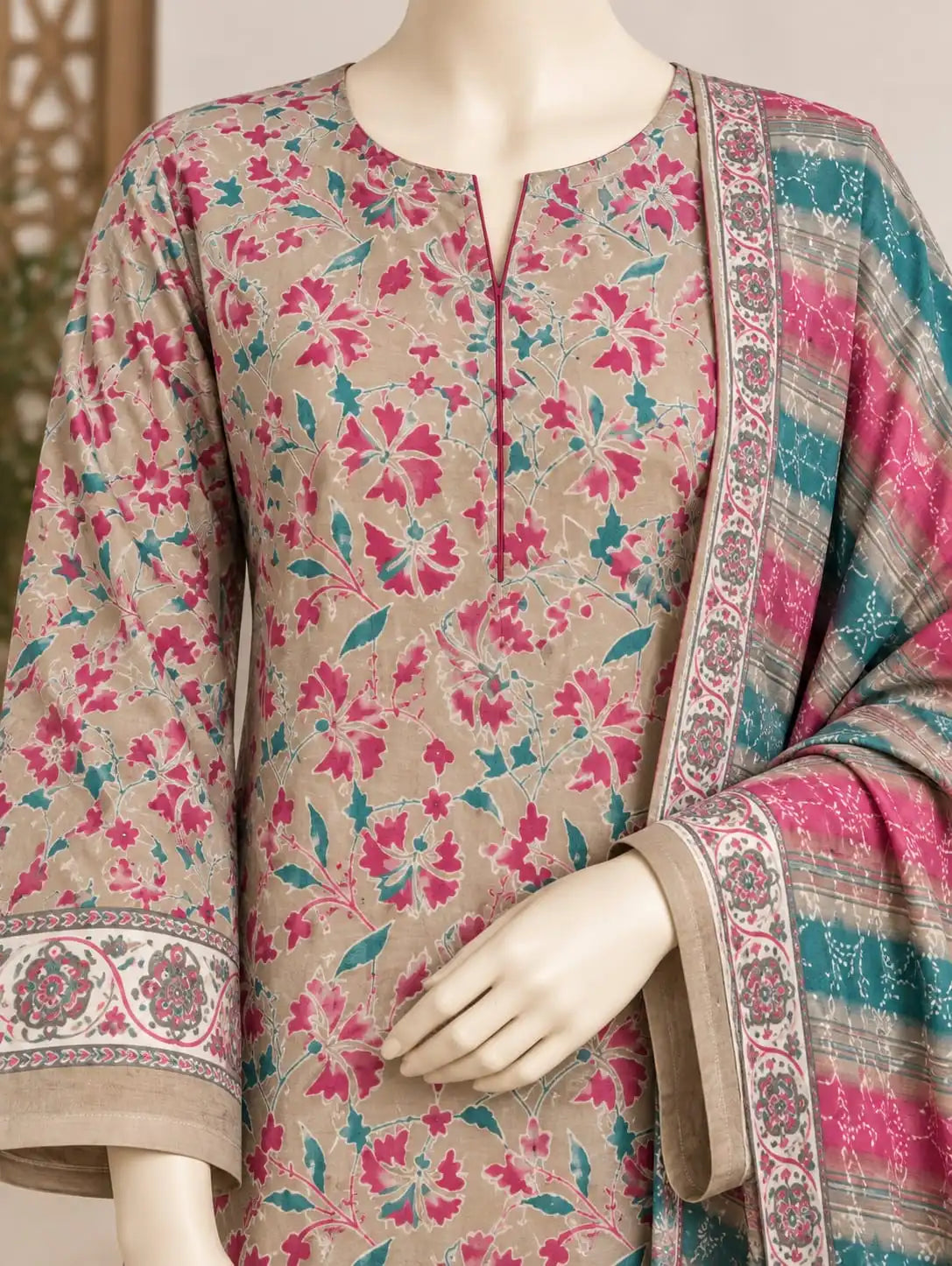 Bin Saeed Beige Floral  Cotton Cambric Unstitched  3PC