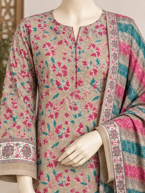 Bin Saeed Beige Floral  Cotton Cambric Unstitched  3PC