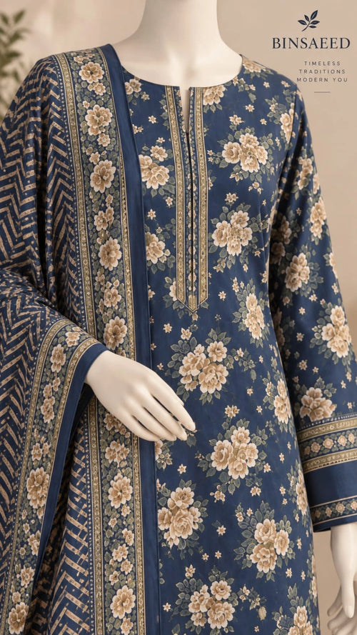 Bin Saeed Denim Blue & Beige Cotton Cambric Unstitched 3PC