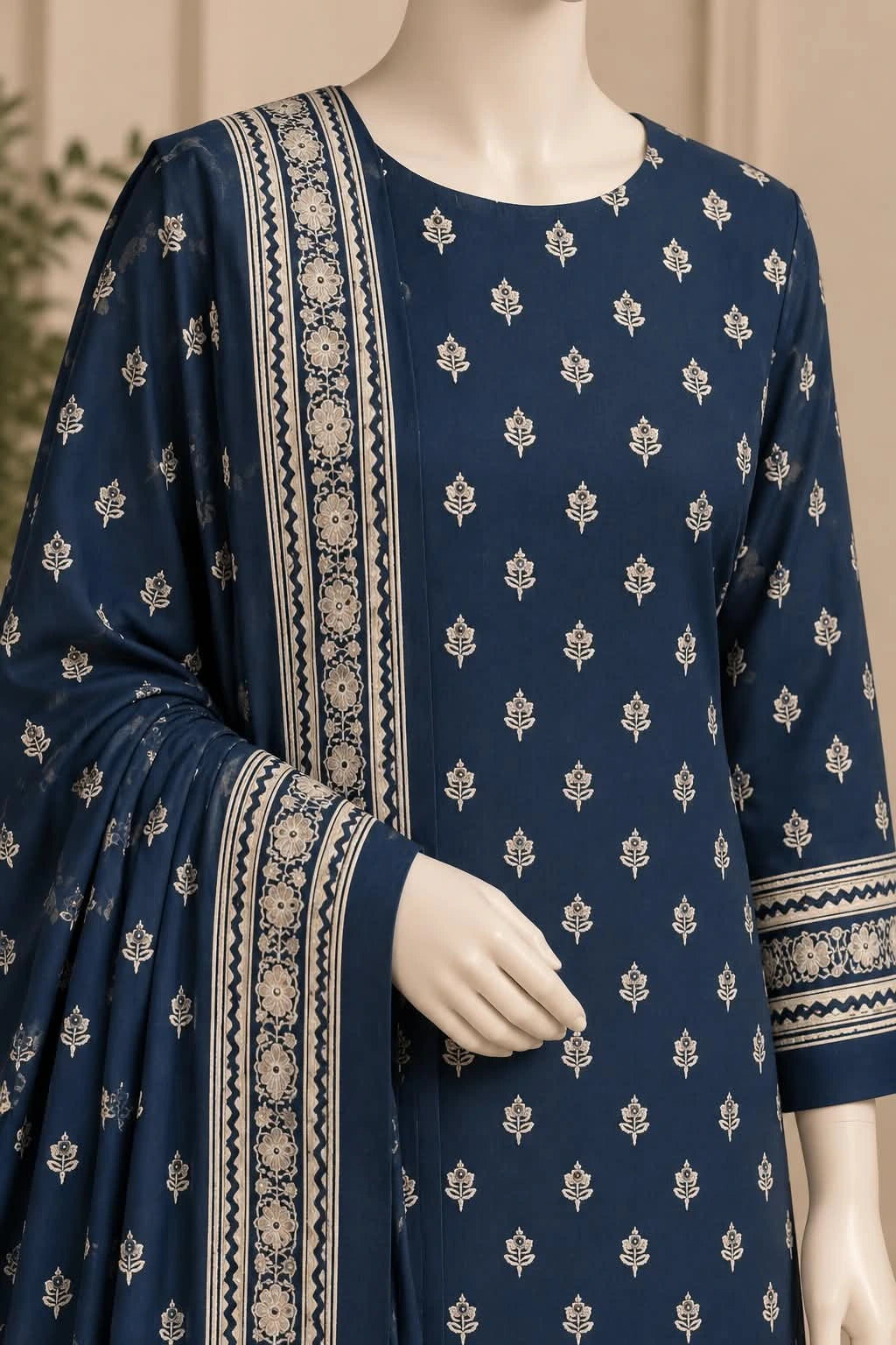 Bin Saeed Navy Blue & Ivory Cotton Cambric Unstitched 3PC
