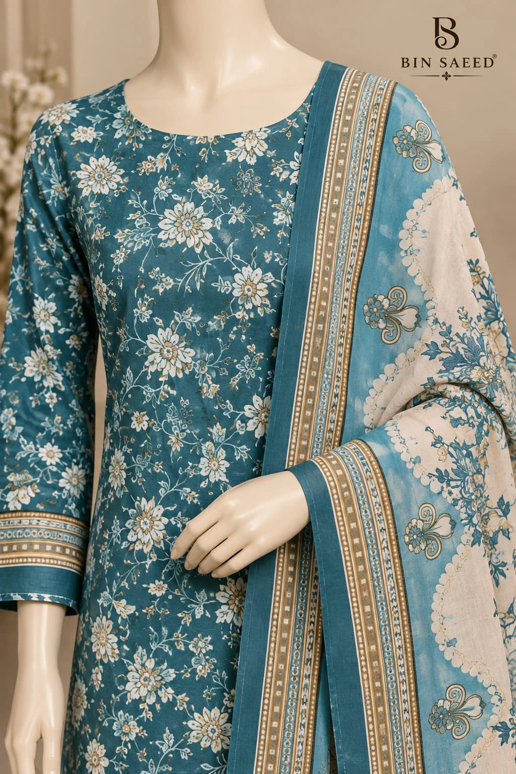 Bin Saeed Teal Blue & Ivory Cotton Cambric Unstitched 3PC