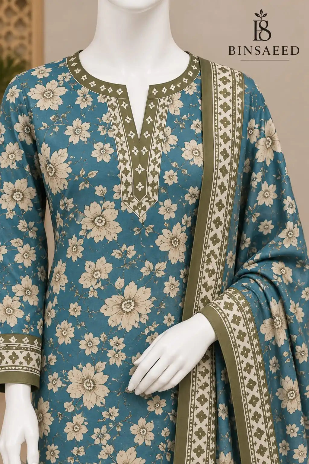 Bin Saeed Royal Blue & Mint Cotton Cambric Unstitched 3PC