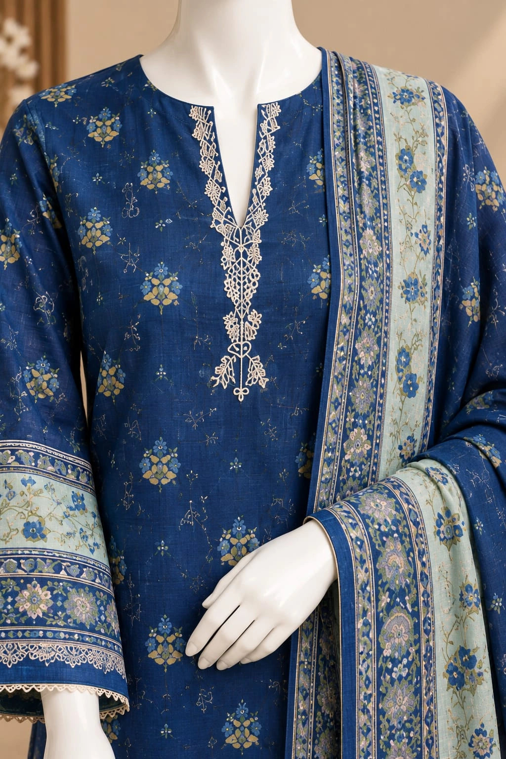 Bin Saeed Royal Blue & Mint Cotton Cambric Unstitched  3PC