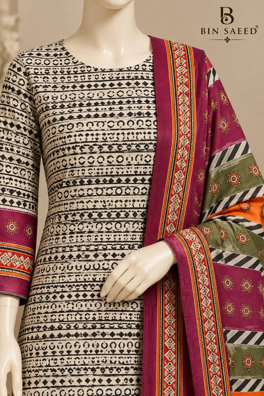 Bin Saeed Ivory & Burgundy Cotton Cambric Unstitched 3PC