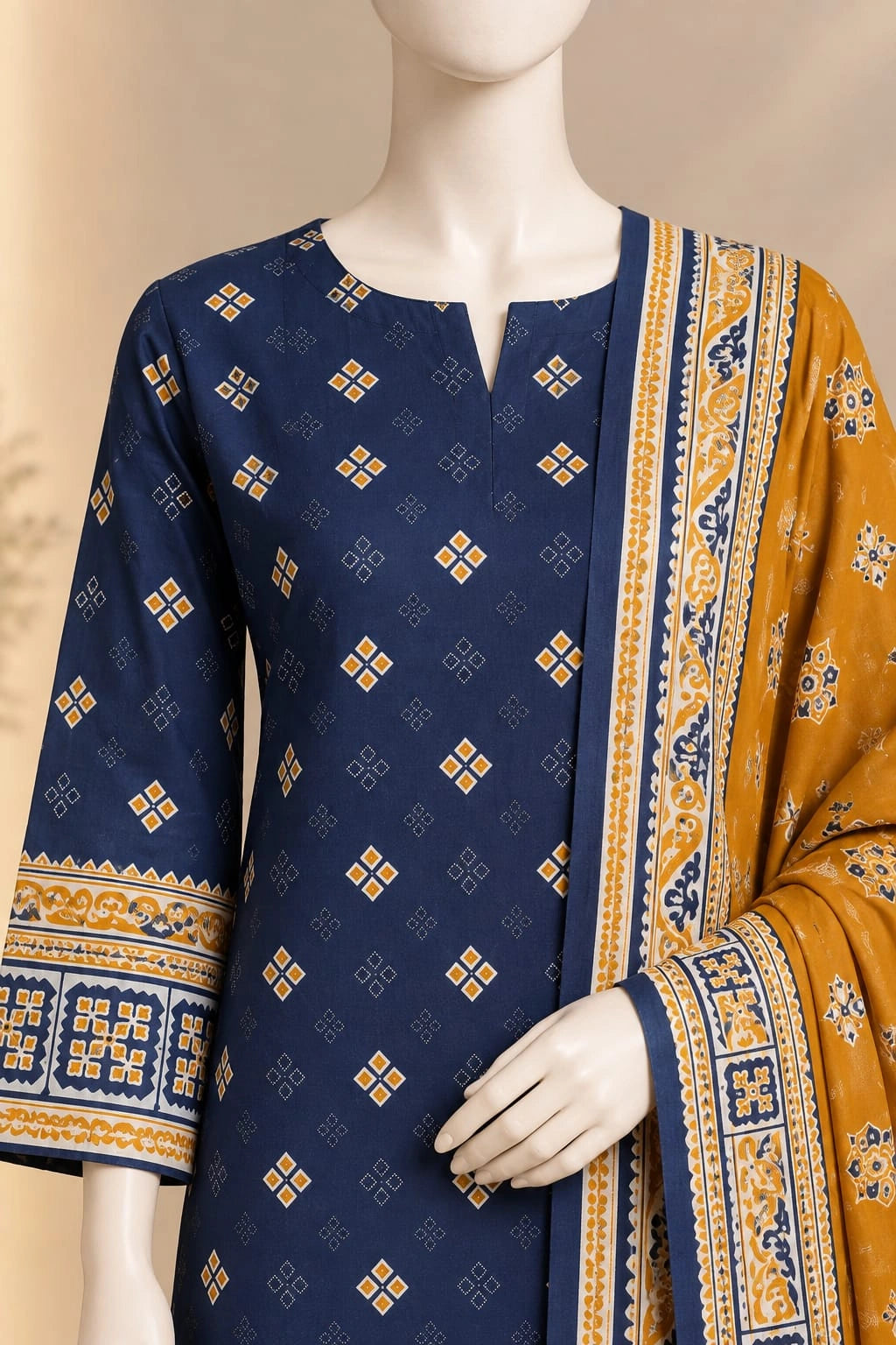 Bin Saeed Navy Blue & Mustard  Cotton Cambric Unstitched  3PC