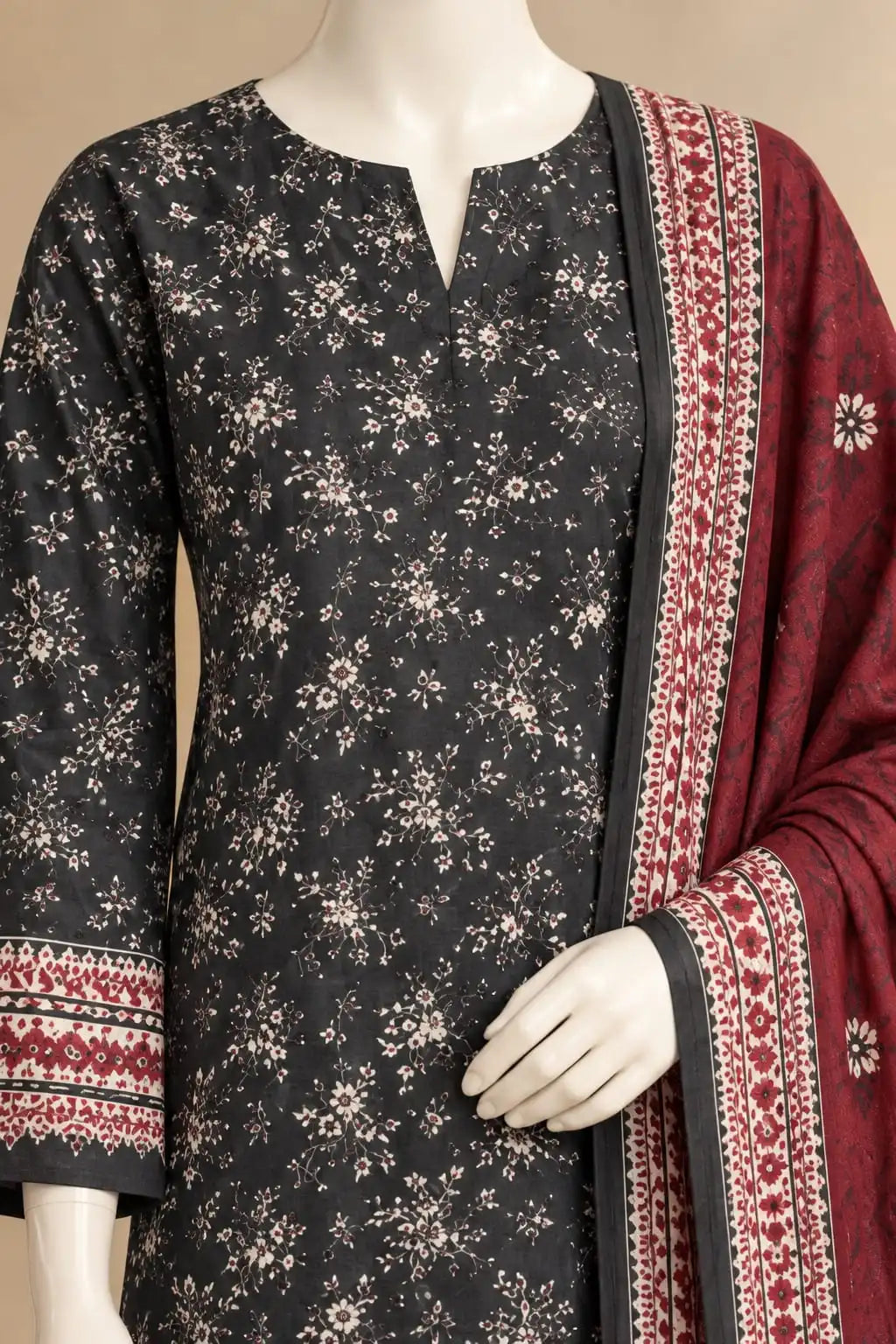 Bin Saeed Charcoal & Maroon Cotton Cambric Unstitched  3PC